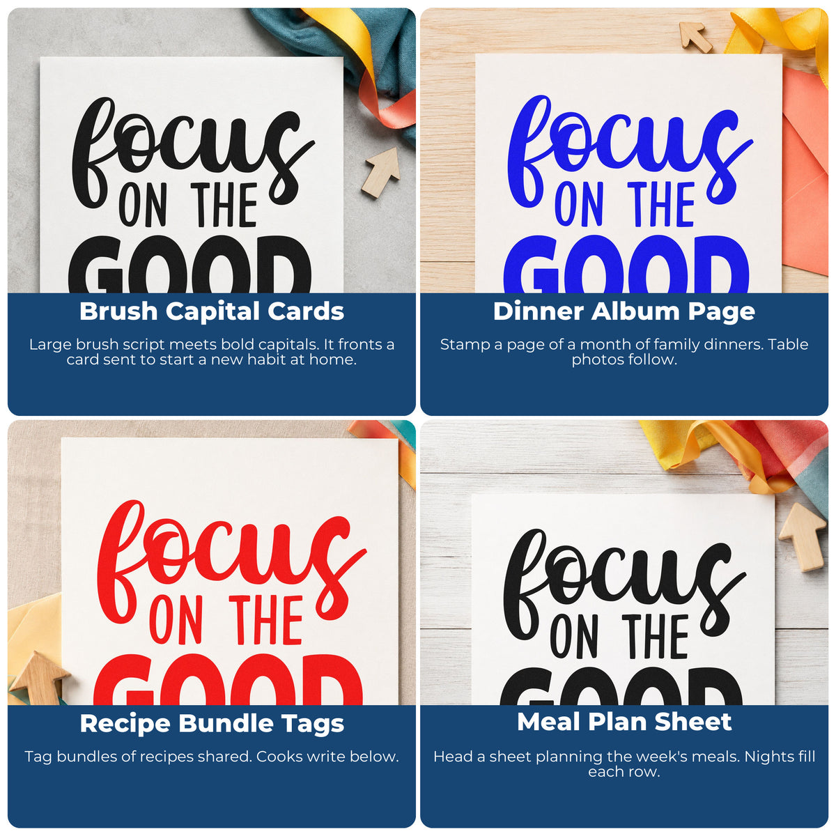 Four ways to use the Focus On The Good Stamp – Duo Hand: brush capital cards, dinner album page, recipe bundle tags and meal plan sheet.