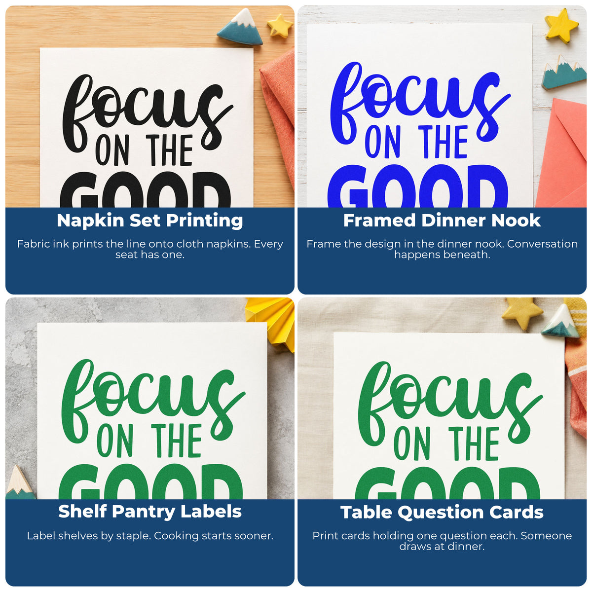Four ways to use the Focus On The Good Rubber Stamp – Wood Handle: napkin set printing, framed dinner nook, shelf pantry labels and table question cards.