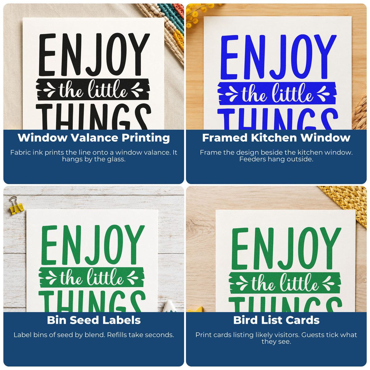Four ways to use the Enjoy The Little Things Leaf Accents Pre-Inked Stamp – Slim: window valance printing, framed kitchen window, bin seed labels and bird list cards.