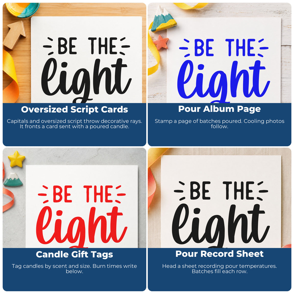 Four ways to use the Duo Hand Be The Light Script Rubber Stamp: oversized script cards, pour album page, candle gift tags and pour record sheet.