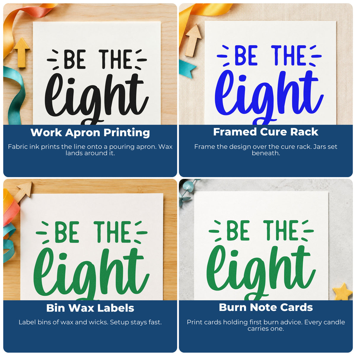 Four ways to use the Be The Light Script Self-Inking Stamp: work apron printing, framed cure rack, bin wax labels and burn note cards.