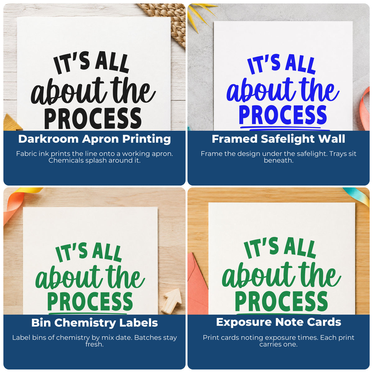 Four ways to use the It's All About The Process Rubber Stamp – Duo Hand: darkroom apron printing, framed safelight wall, bin chemistry labels and exposure note cards.
