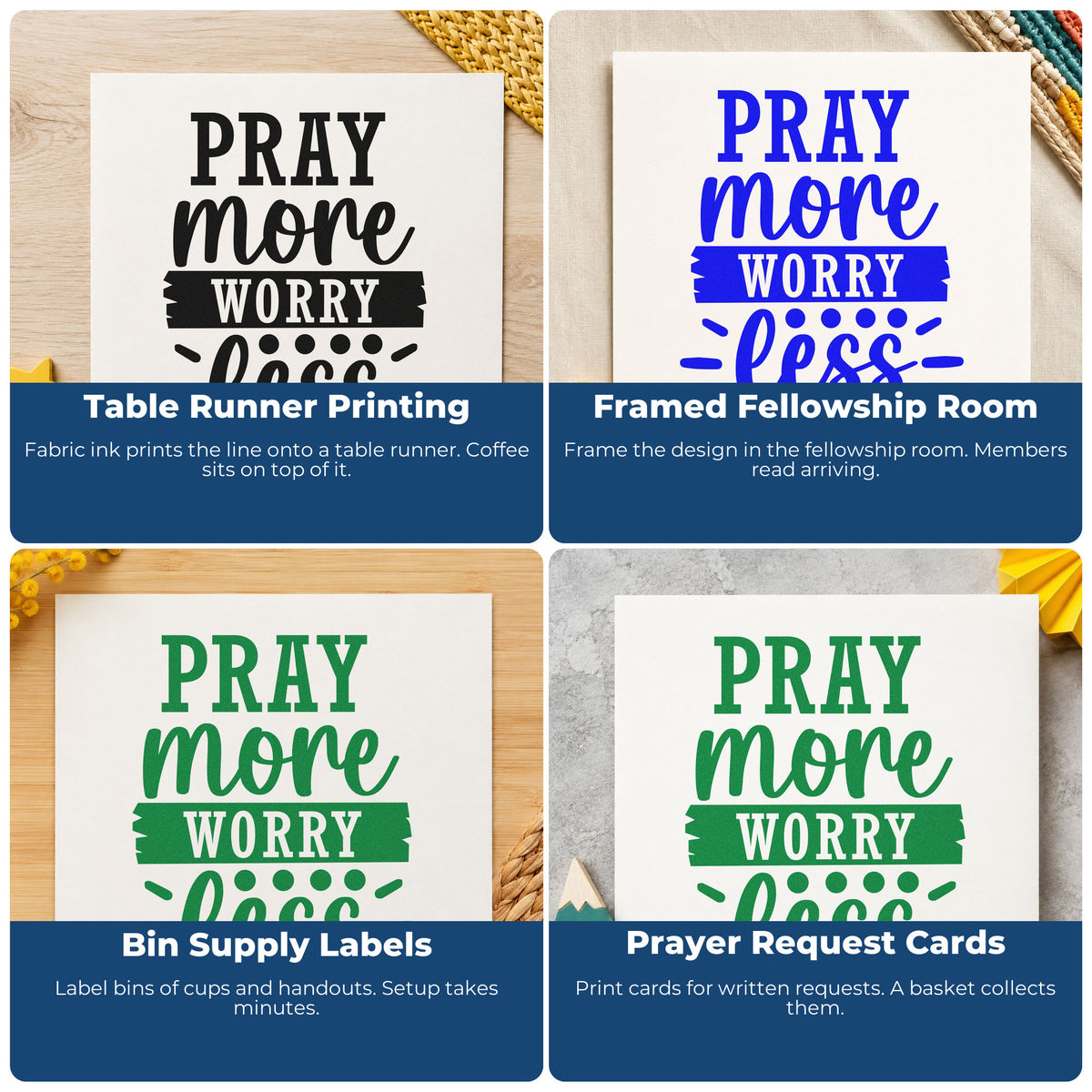 Four ways to use the Pray More Worry Less Arrow Motif Stamp – Self-Inking: table runner printing, framed fellowship room, bin supply labels and prayer request cards.