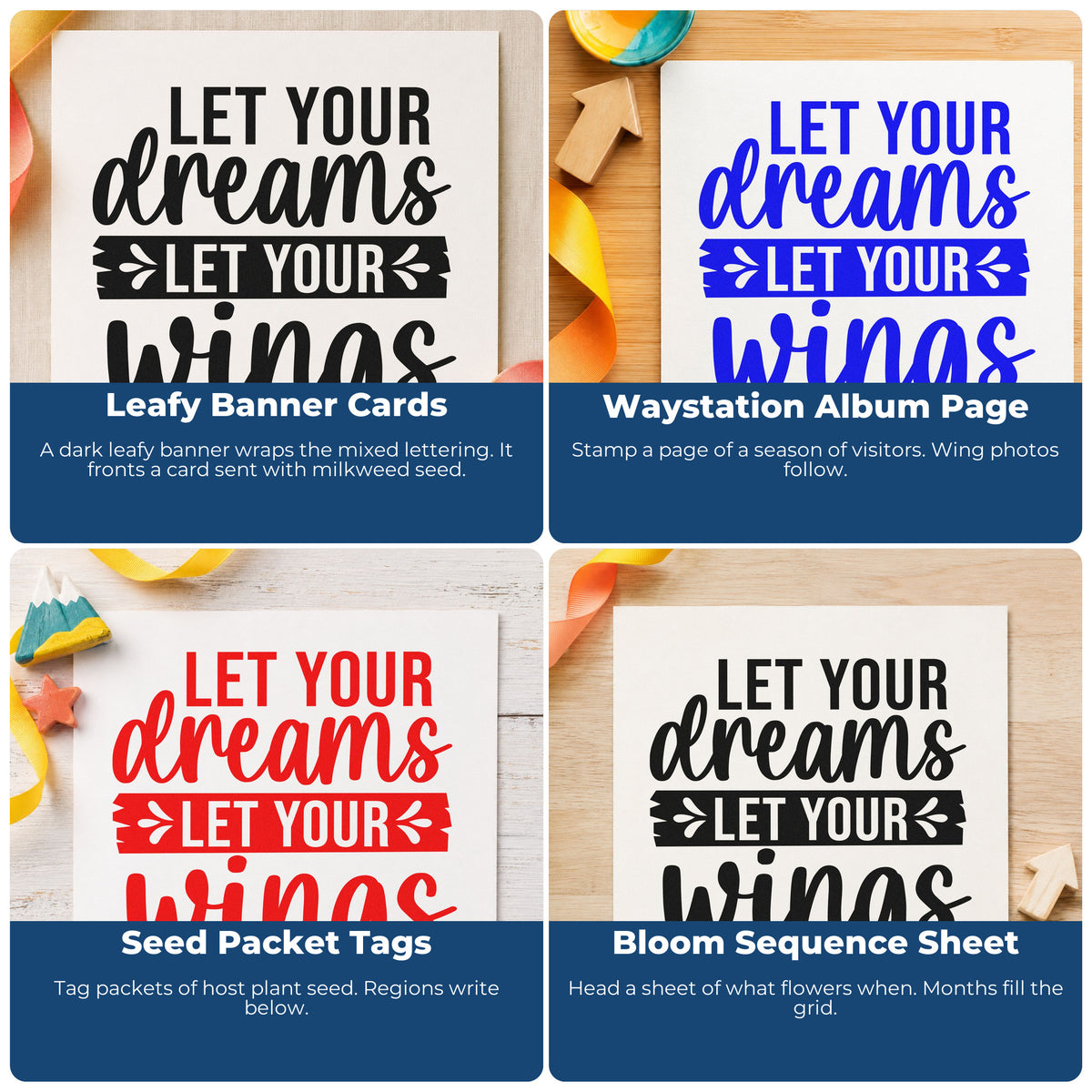 Four ways to use the Slim Pre-Inked Let Your Dreams Leafy Banner Stamp: leafy banner cards, waystation album page, seed packet tags and bloom sequence sheet.