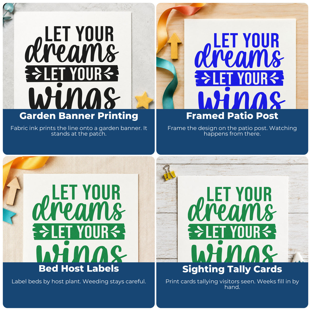 Four ways to use the Let Your Dreams Leafy Banner Rubber Stamp – Duo Hand: garden banner printing, framed patio post, bed host labels and sighting tally cards.