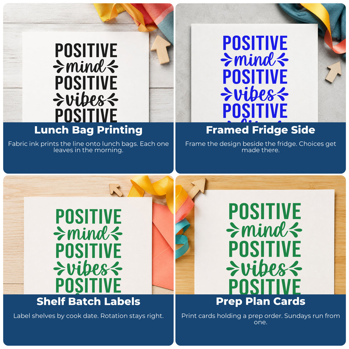 Four ways to use the Positive Mind Vibes Life Leaf Accents Wood-Mounted Rubber Stamp: lunch bag printing, framed fridge side, shelf batch labels and prep plan cards.