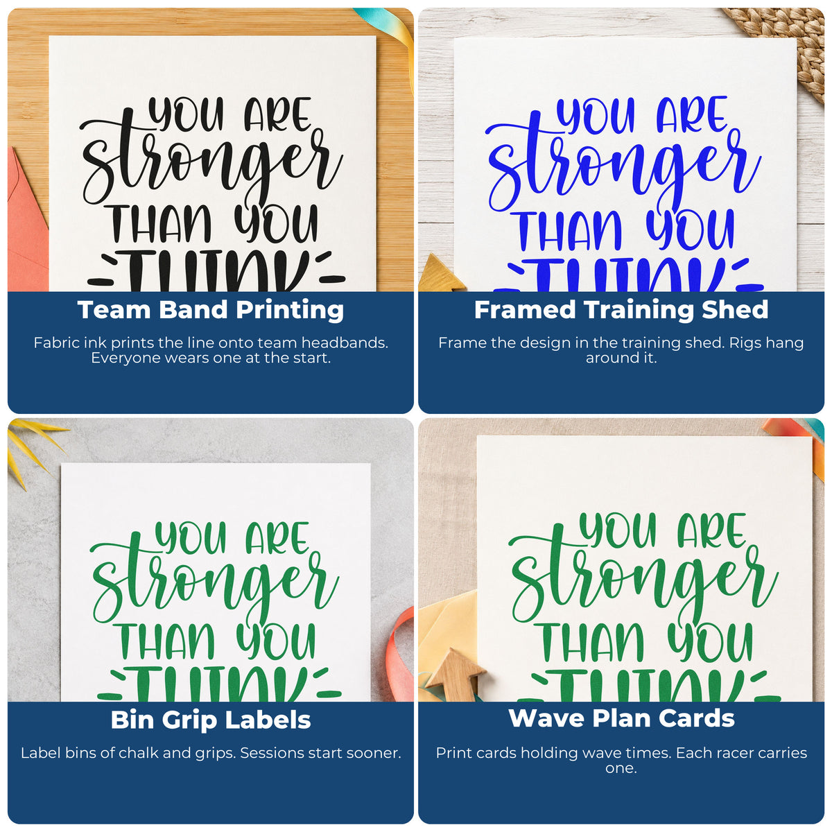 Four ways to use the You Are Stronger Than Think Stamp – Duo Hand: team band printing, framed training shed, bin grip labels and wave plan cards.