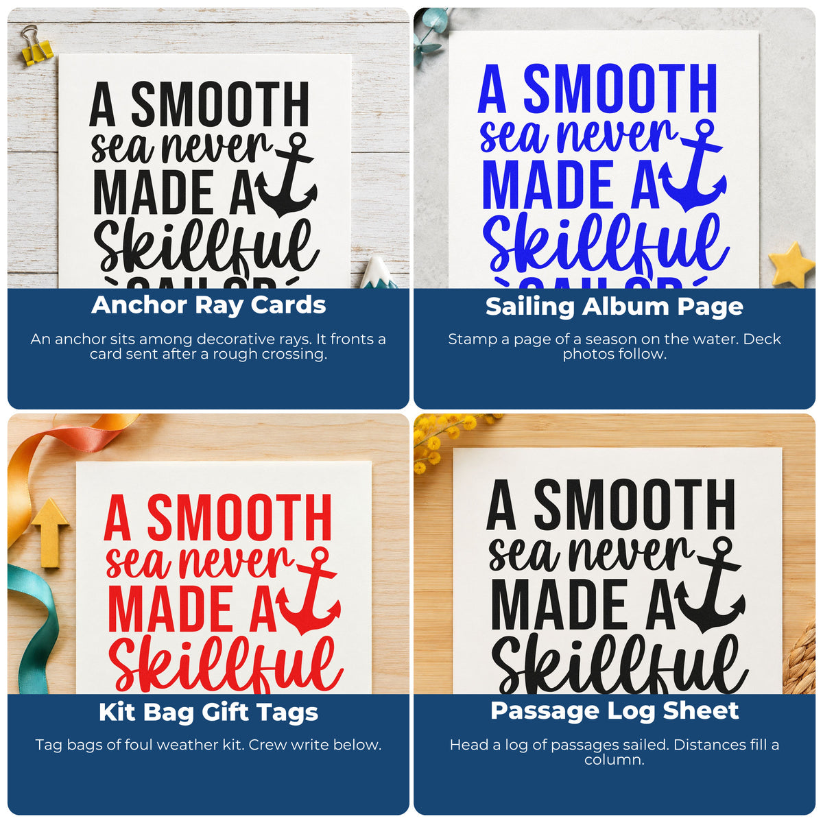 Four ways to use the Premium Wooden Smooth Sea Skillful Sailor Stamp - Vintage Pro: anchor ray cards, sailing album page, kit bag gift tags and passage log sheet.