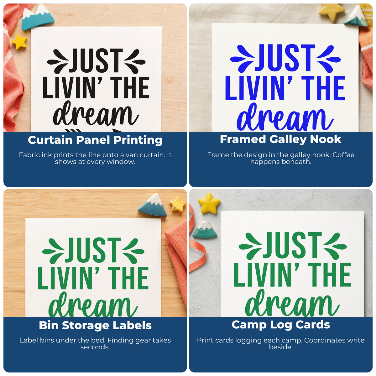 Four ways to use the Just Livin The Dream Premium Wooden Stamp - Vintage Pro: curtain panel printing, framed galley nook, bin storage labels and camp log cards.