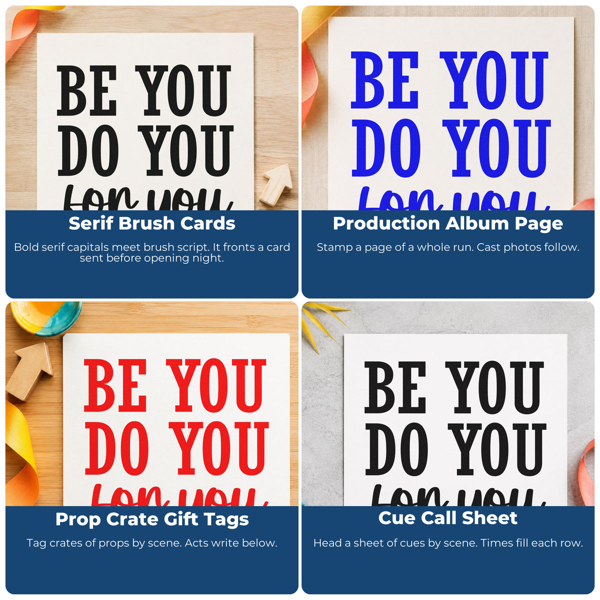 Motivational rubber stamp collage showing scrapbook, cardmaking, journaling, and gift tag uses with uplifting phrases.