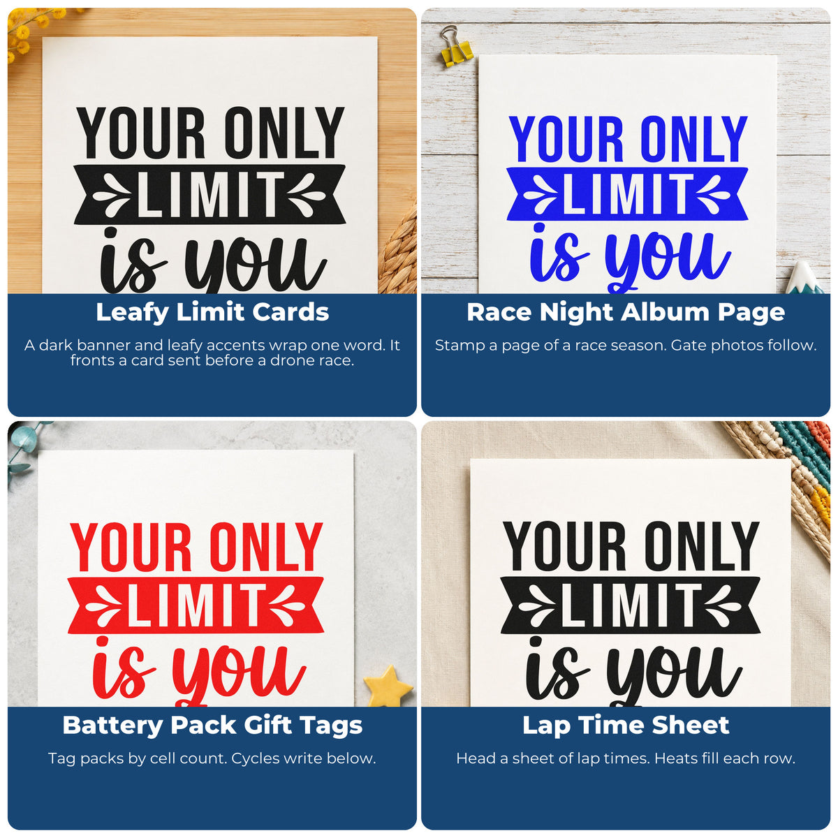 Four ways to use the Your Only Limit Is You Leaf Accents Stamp - Premium Vintage Pro Wooden: leafy limit cards, race night album page, battery pack gift tags and lap time sheet.