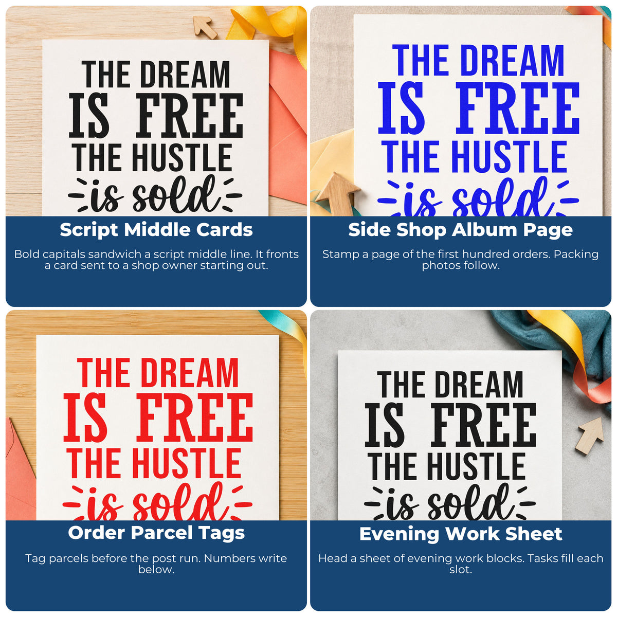 Four ways to use the Premium Wooden Dream And Hustle Mixed Lettering Stamp - Vintage Pro: script middle cards, side shop album page, order parcel tags and evening work sheet.