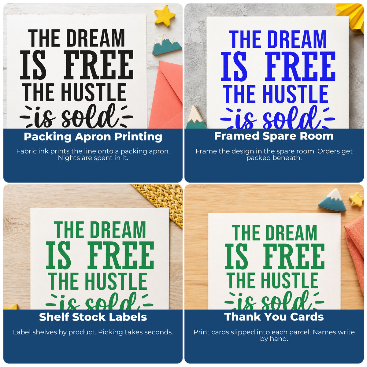 Four ways to use the Premium Wooden Dream And Hustle Mixed Lettering Stamp - Vintage Pro: packing apron printing, framed spare room, shelf stock labels and thank you cards.