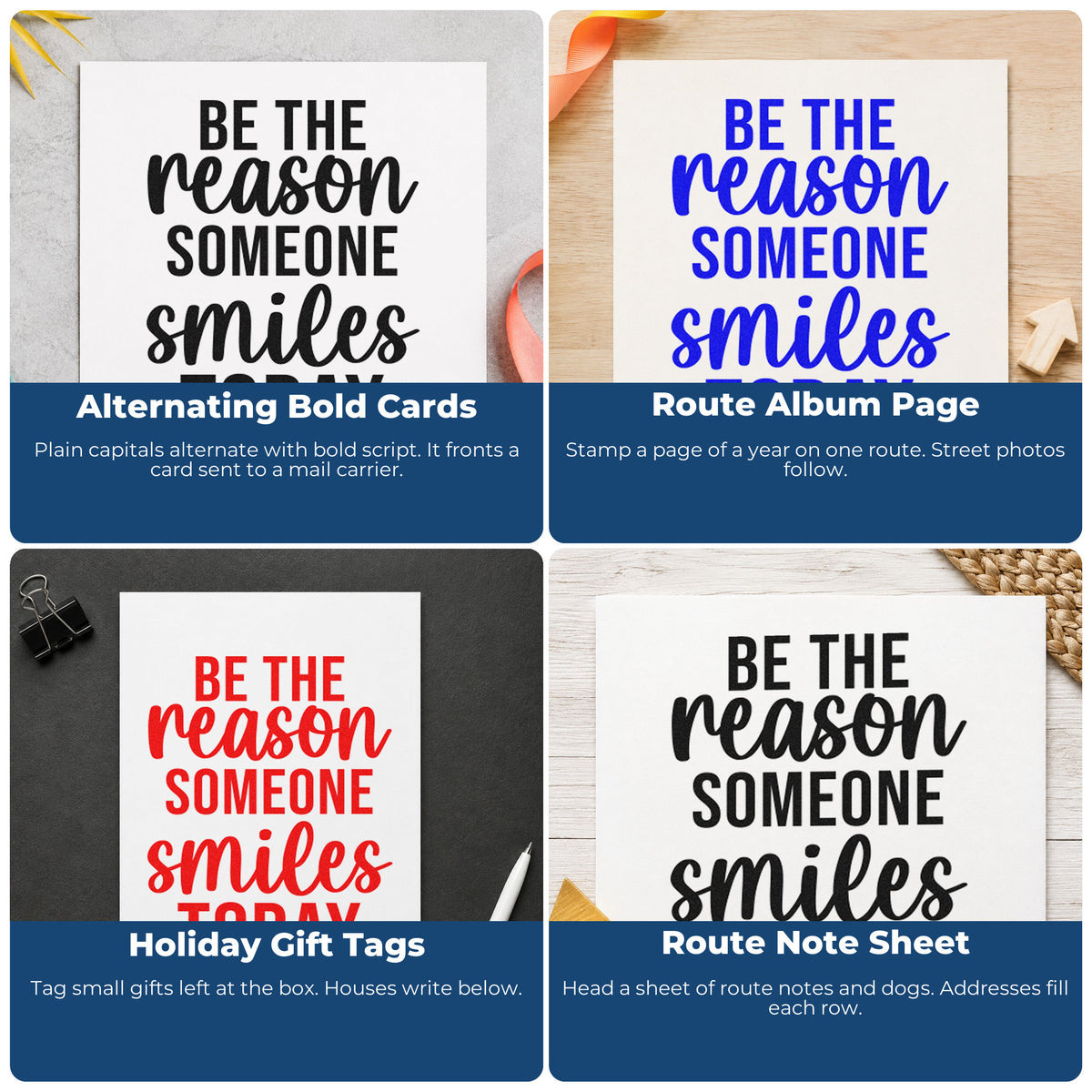Four ways to use the Be The Reason Someone Smiles Today Stamp – Duo Hand: alternating bold cards, route album page, holiday gift tags and route note sheet.