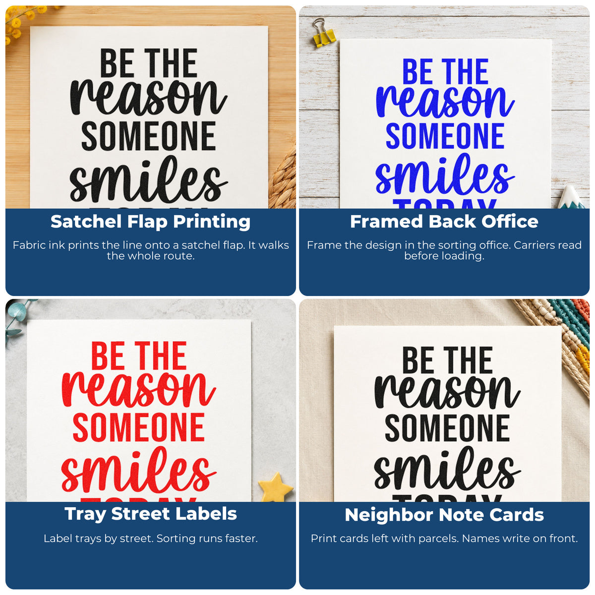 Four ways to use the Be The Reason Someone Smiles Today Premium Wooden Stamp - Vintage Pro: satchel flap printing, framed back office, tray street labels and neighbor note cards.