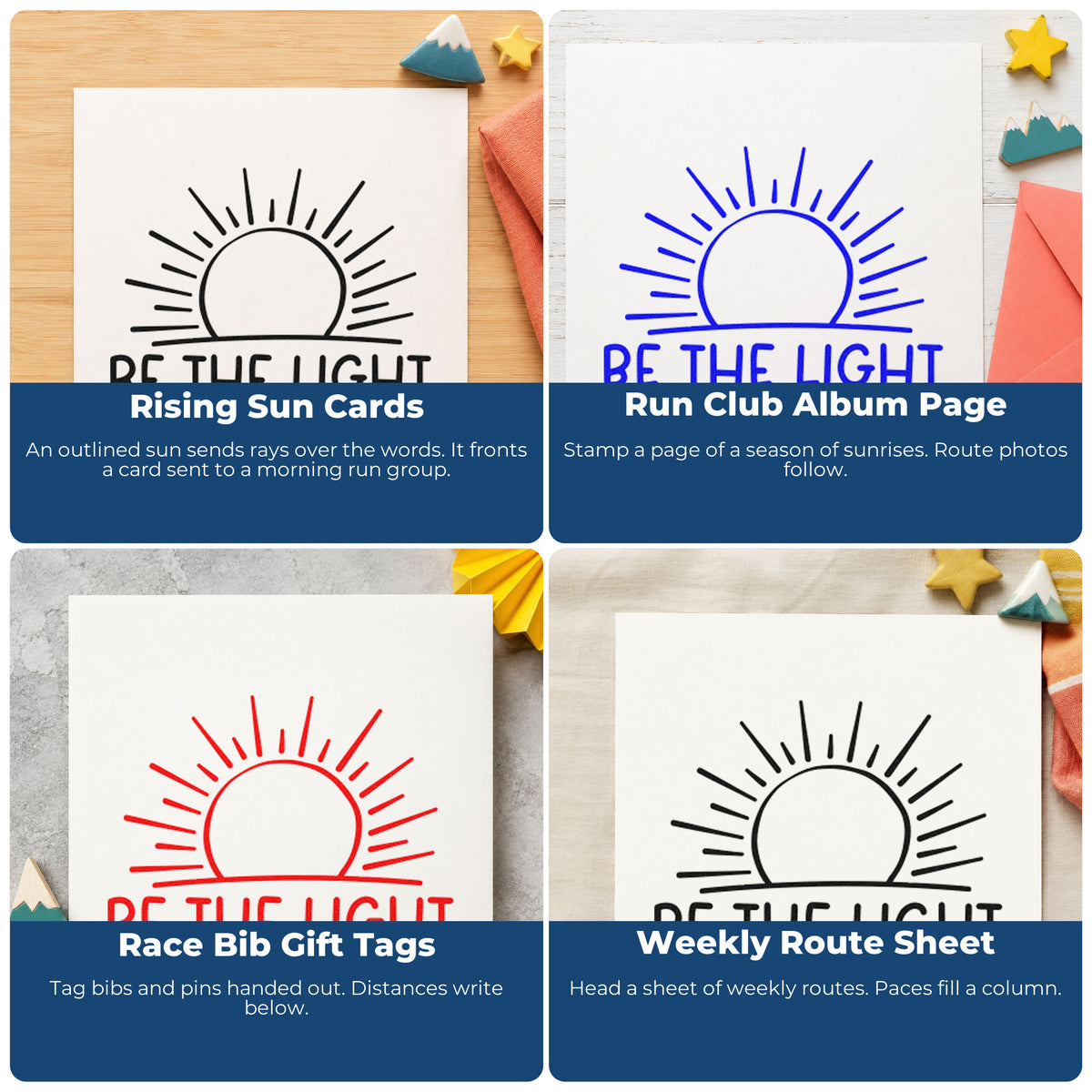Four ways to use the Be The Light Sunrise Outline Detail Slim Pre-Inked Stamp: rising sun cards, run club album page, race bib gift tags and weekly route sheet.