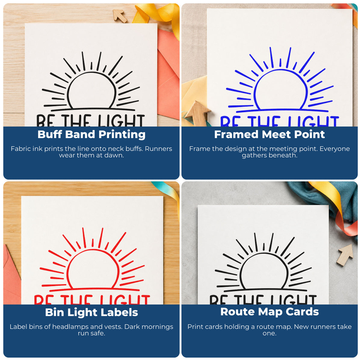 Four ways to use the Vintage Pro Be The Light Sunrise Outline Detail Premium Wooden Stamp: buff band printing, framed meet point, bin light labels and route map cards.