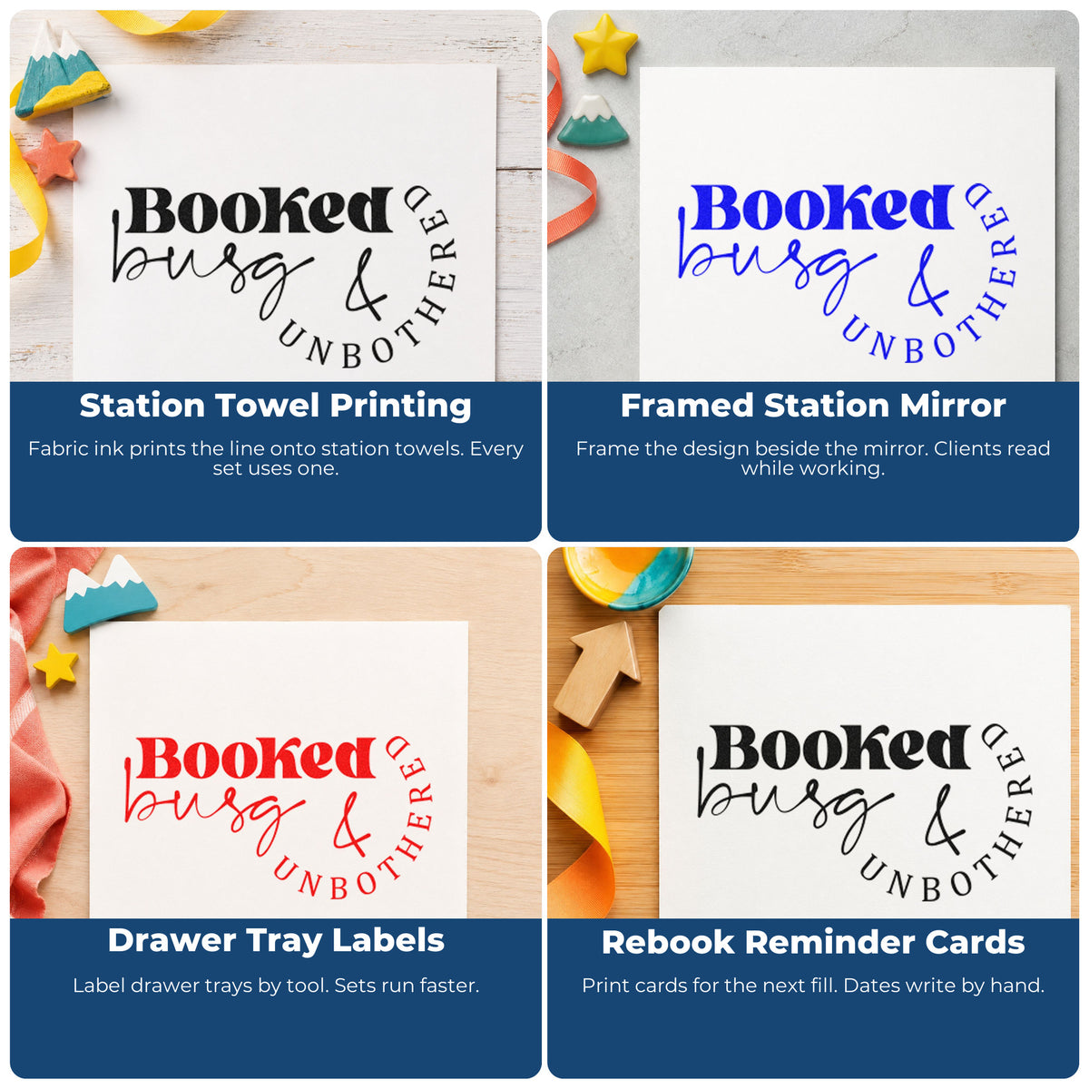Four ways to use the Booked Busy And Unbothered Self-Inking Stamp: station towel printing, framed station mirror, drawer tray labels and rebook reminder cards.