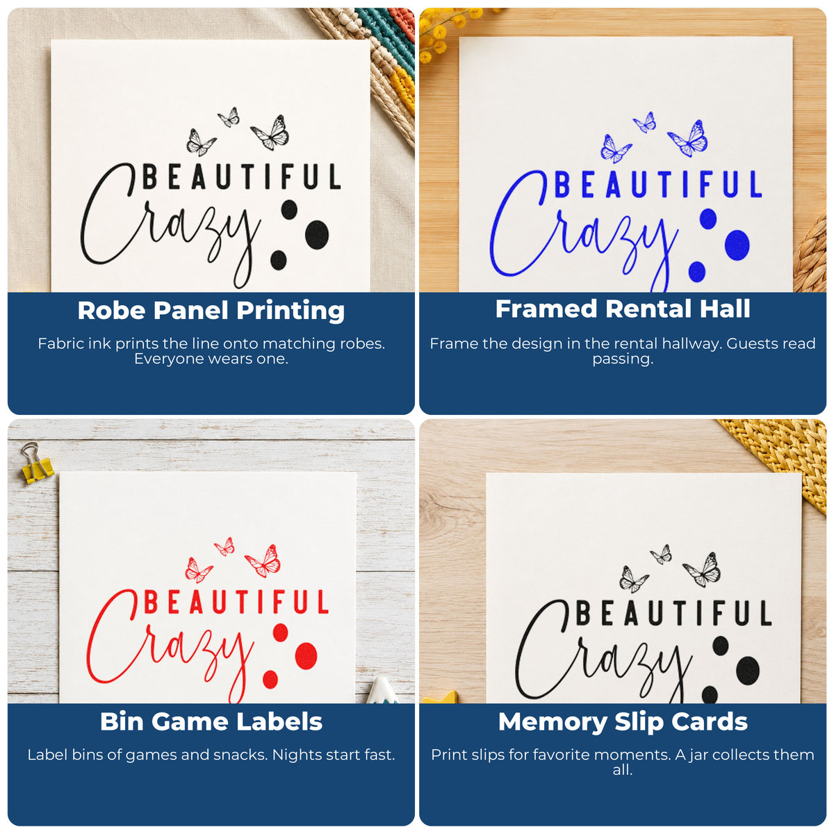Four ways to use the Beautiful Crazy Butterflies PSI Pre-Inked Stamp: robe panel printing, framed rental hall, bin game labels and memory slip cards.