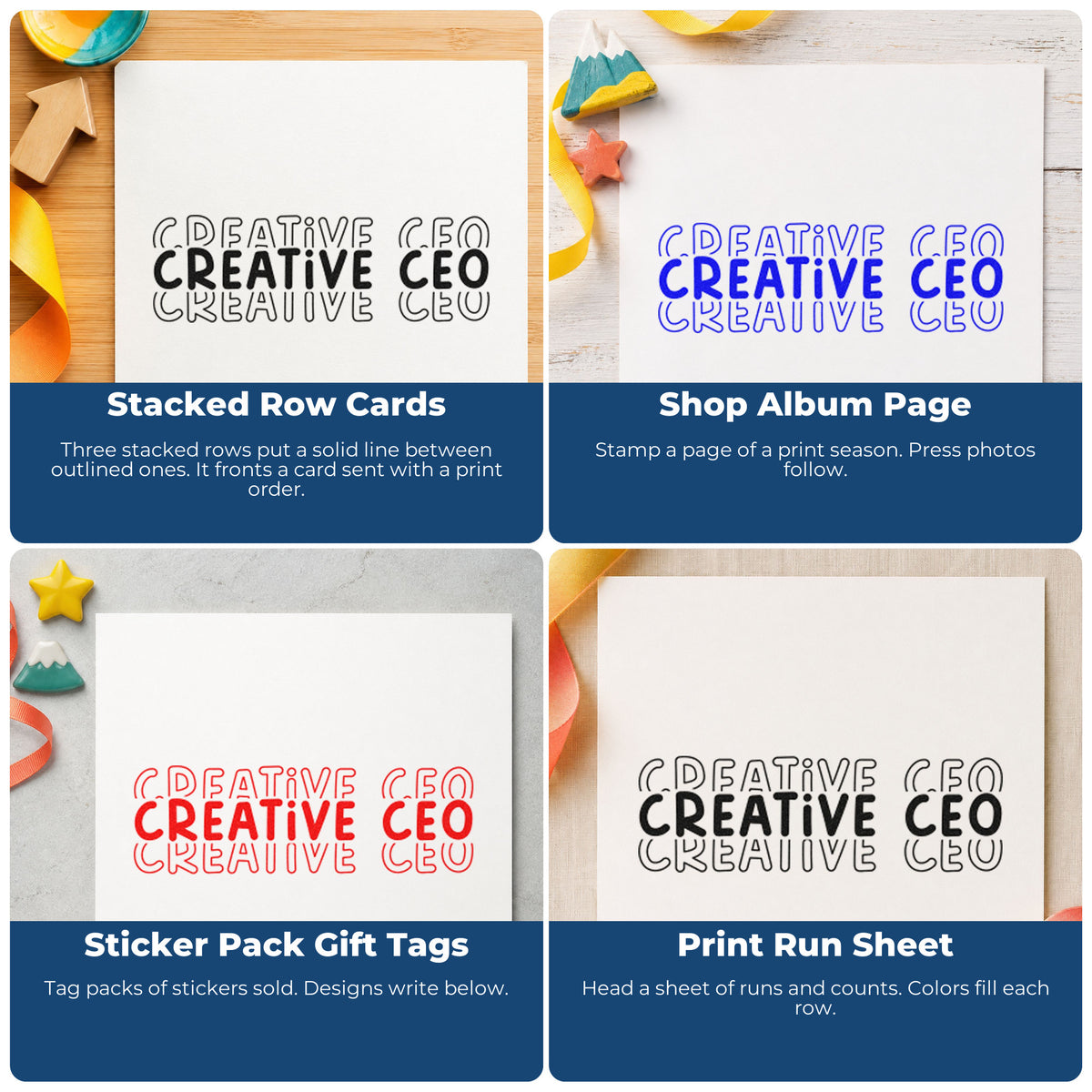 Four ways to use the Creative CEO Repeated Word Art Rubber Stamp – Wood Handle: stacked row cards, shop album page, sticker pack gift tags and print run sheet.