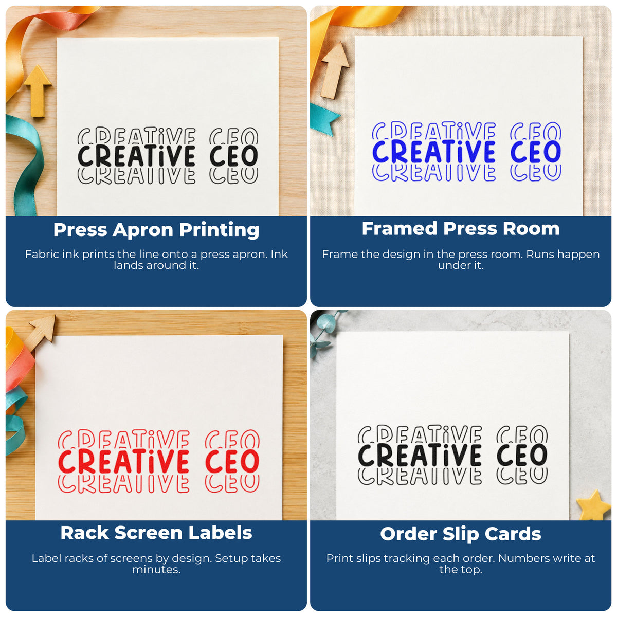 Four ways to use the PSI Pre-Inked Creative CEO Repeated Word Art Stamp: press apron printing, framed press room, rack screen labels and order slip cards.