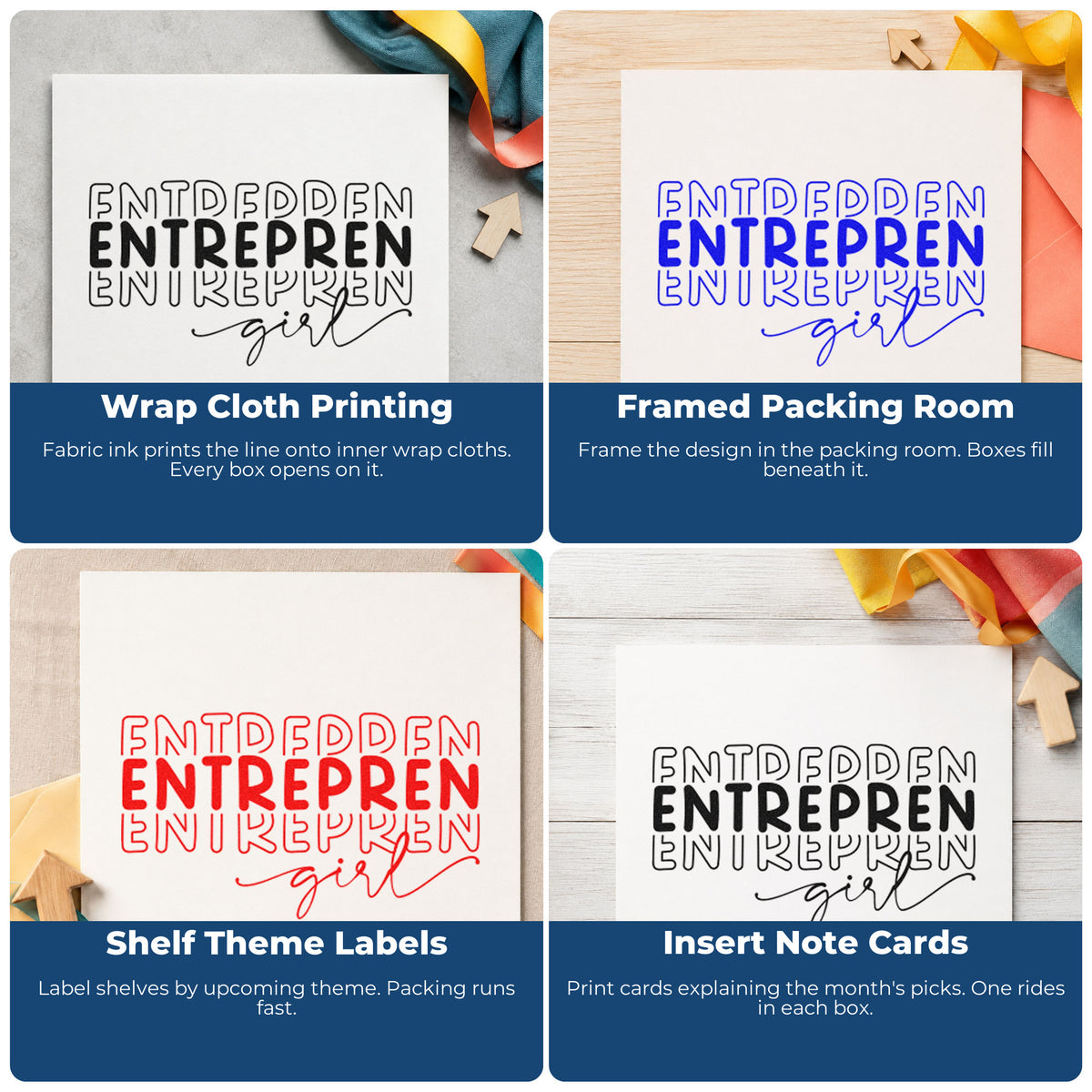 Four ways to use the Girl Script With Repeated Outlined Letters Premium Wooden Stamp - Vintage Pro: wrap cloth printing, framed packing room, shelf theme labels and insert note cards.