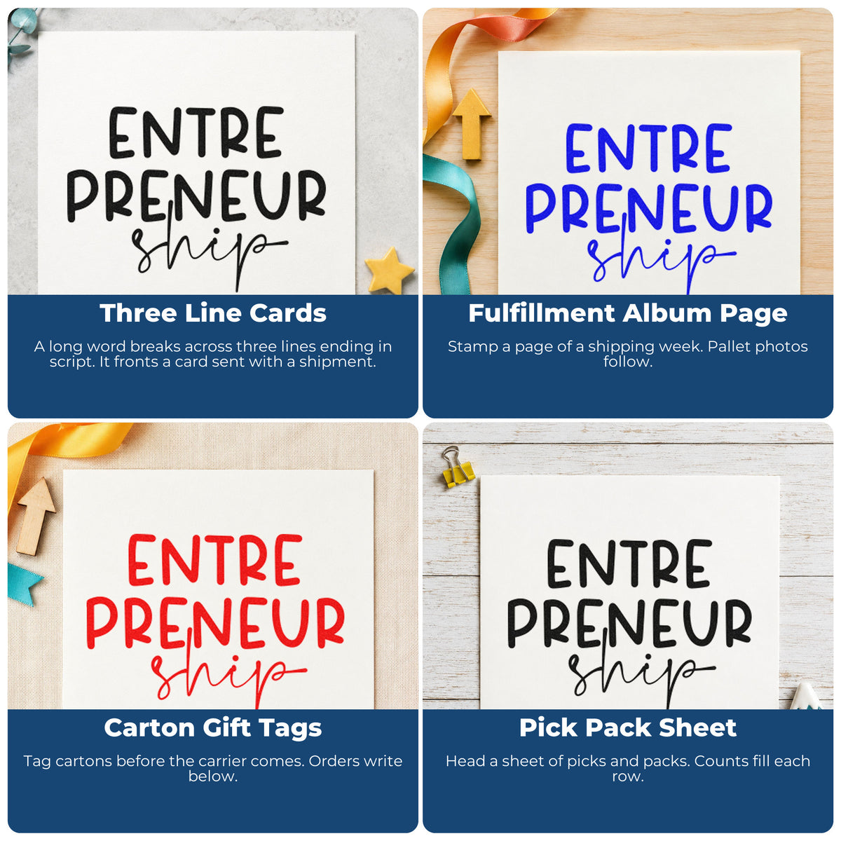 Four ways to use the Entrepreneurship Split Lettering Rubber Stamp – Wood Handle: three line cards, fulfillment album page, carton gift tags and pick pack sheet.