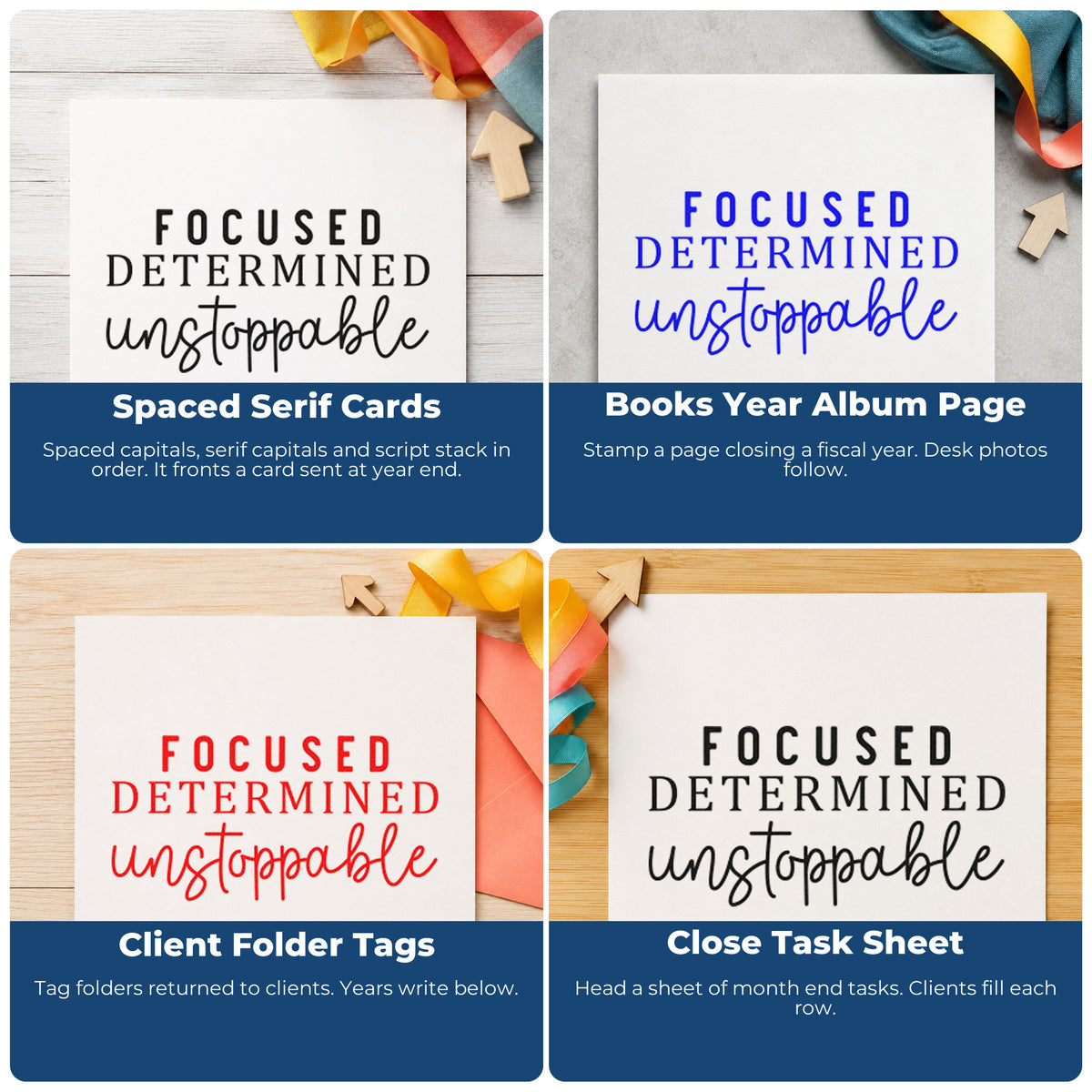 Four ways to use the Focused Determined Unstoppable Serif Lettering Premium Wooden Stamp - Vintage Pro: spaced serif cards, books year album page, client folder tags and close task sheet.