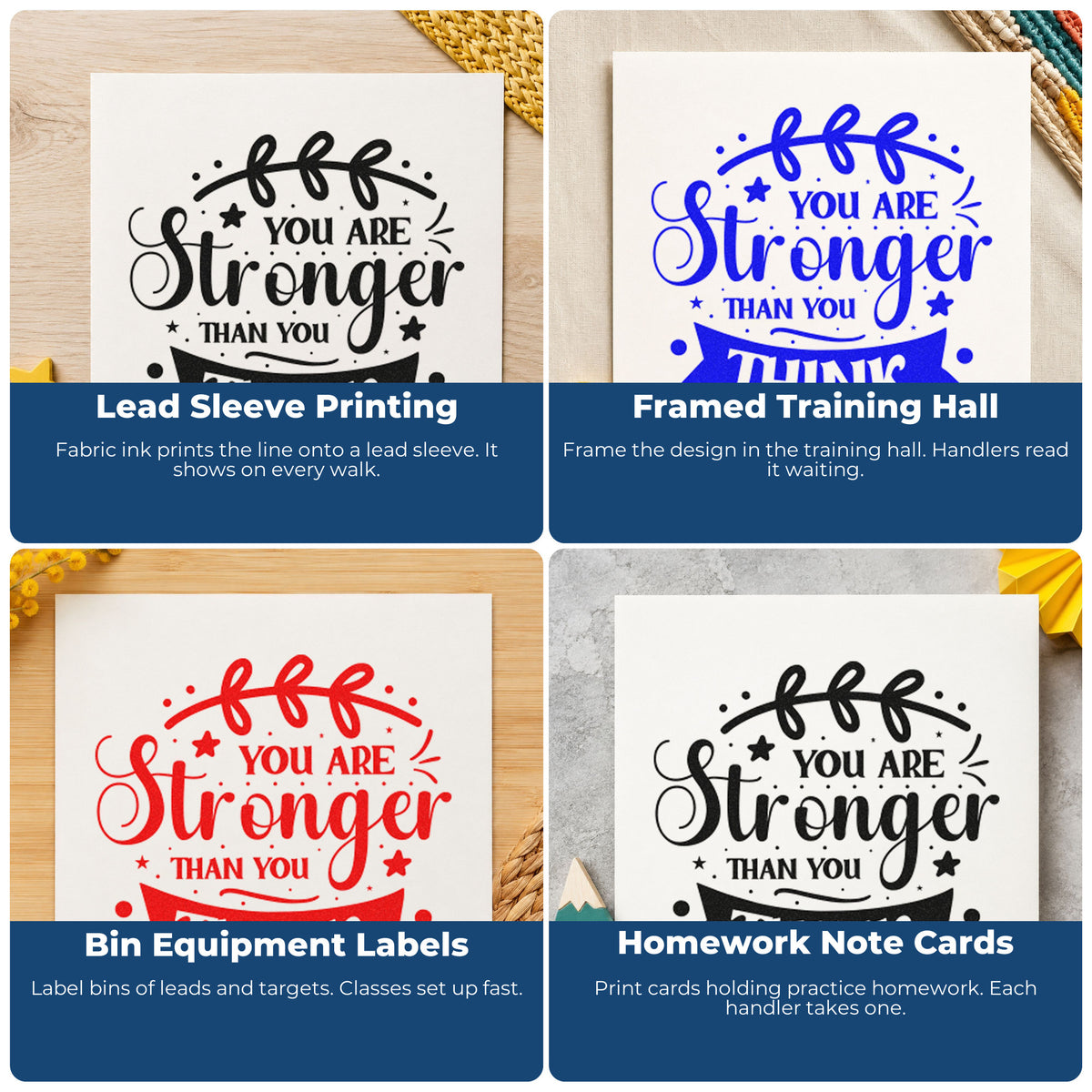 Four ways to use the Duo Hand You Are Stronger Than You Think Rubber Stamp: lead sleeve printing, framed training hall, bin equipment labels and homework note cards.