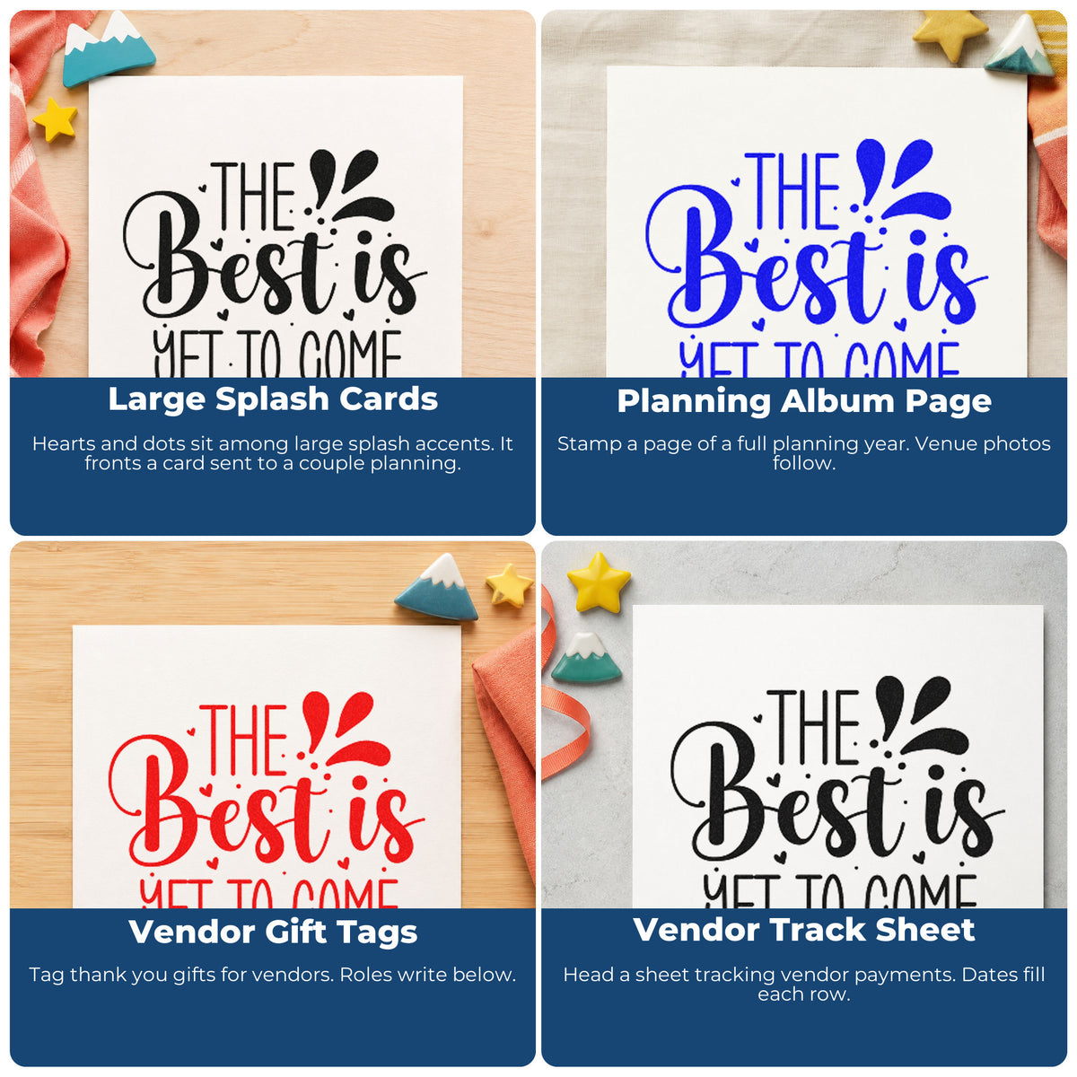 Four ways to use the The Best Is Yet To Come Slim Pre-Inked Stamp: large splash cards, planning album page, vendor gift tags and vendor track sheet.