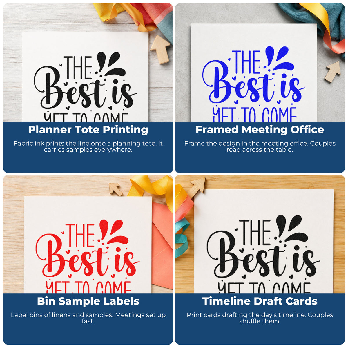 Four ways to use the The Best Is Yet To Come Pre-Inked Stamp – PSI: planner tote printing, framed meeting office, bin sample labels and timeline draft cards.