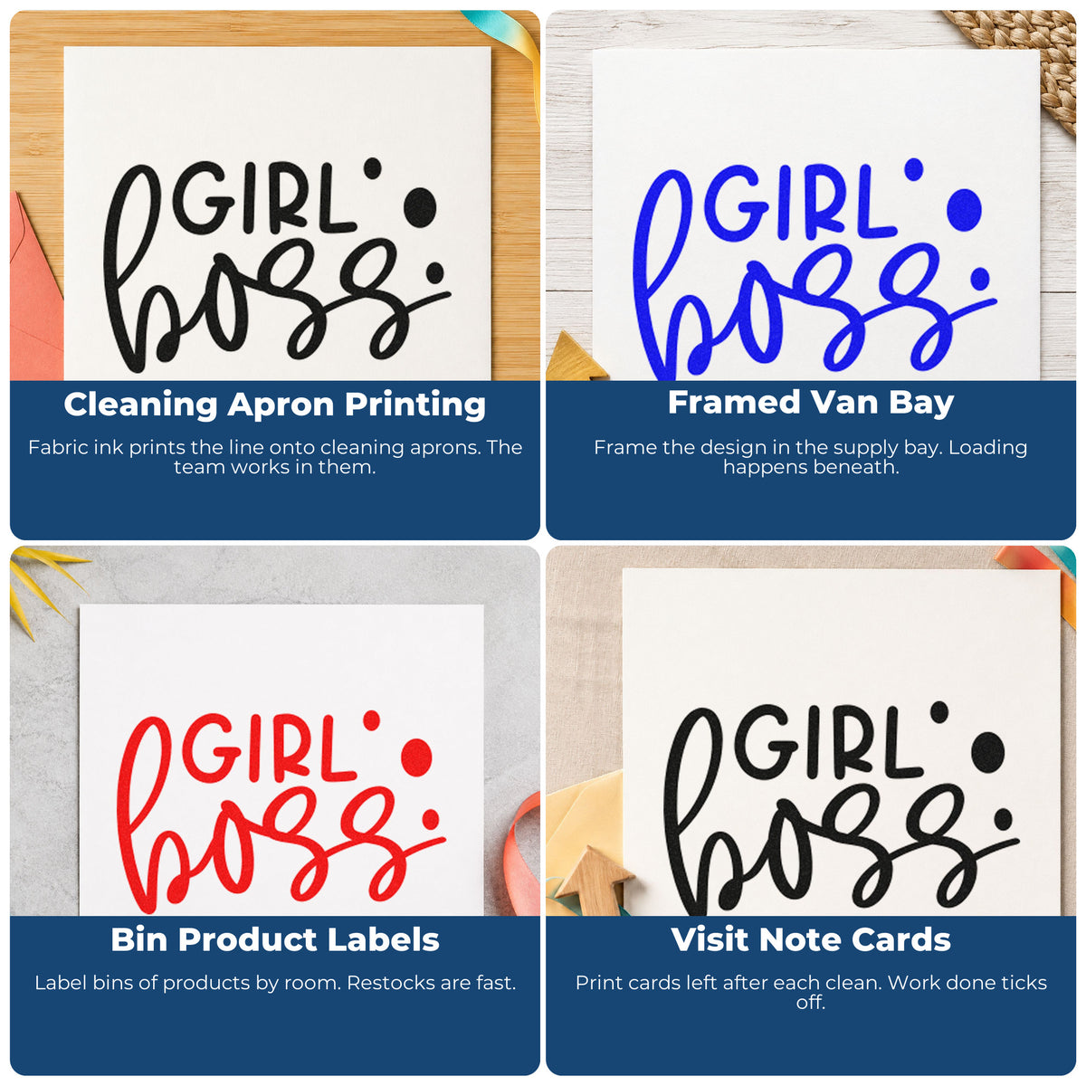 Four ways to use the Girl Boss Rubber Stamp – Wood Handle: cleaning apron printing, framed van bay, bin product labels and visit note cards.