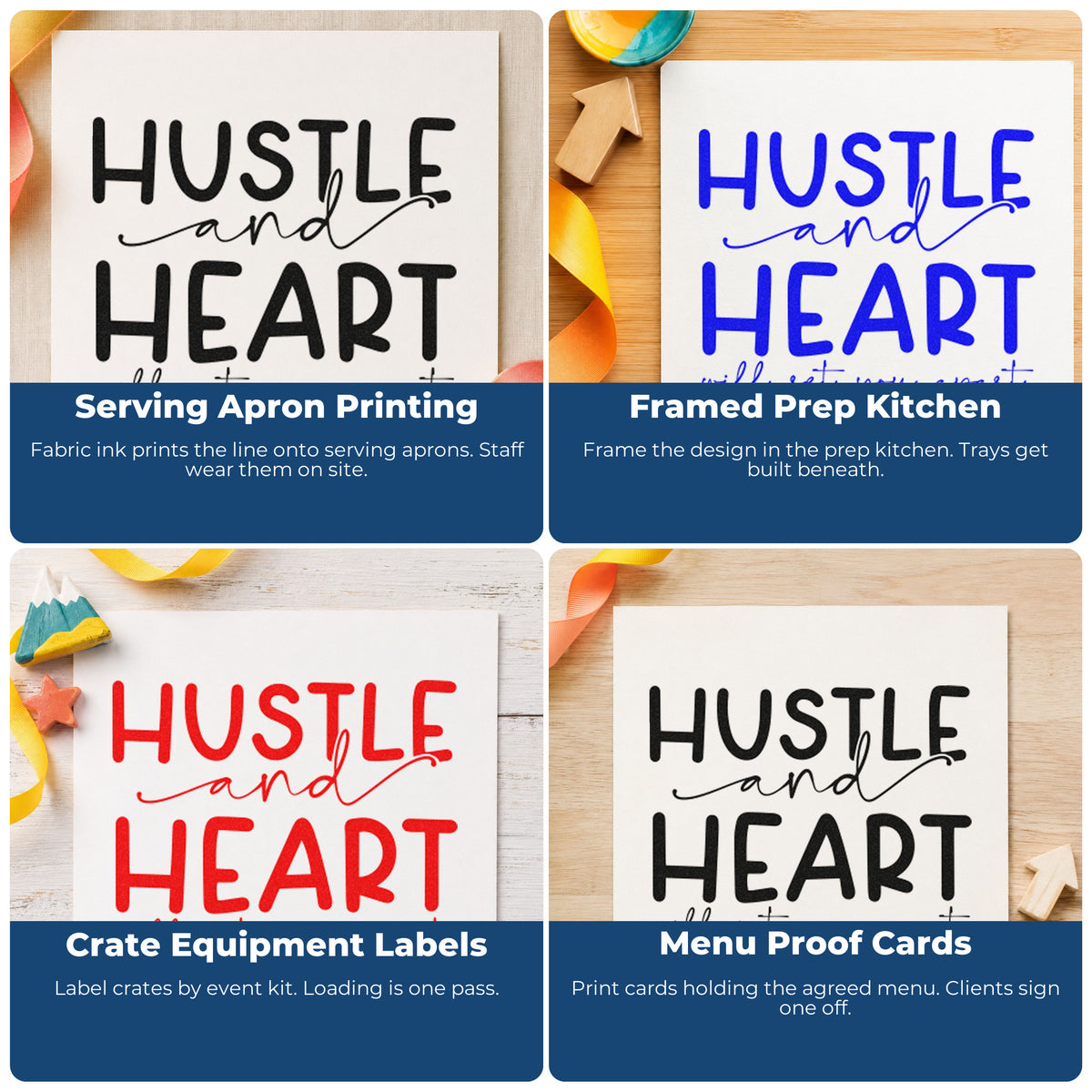Four ways to use the Hustle And Heart Will Set You Apart PSI Pre-Inked Stamp: serving apron printing, framed prep kitchen, crate equipment labels and menu proof cards.