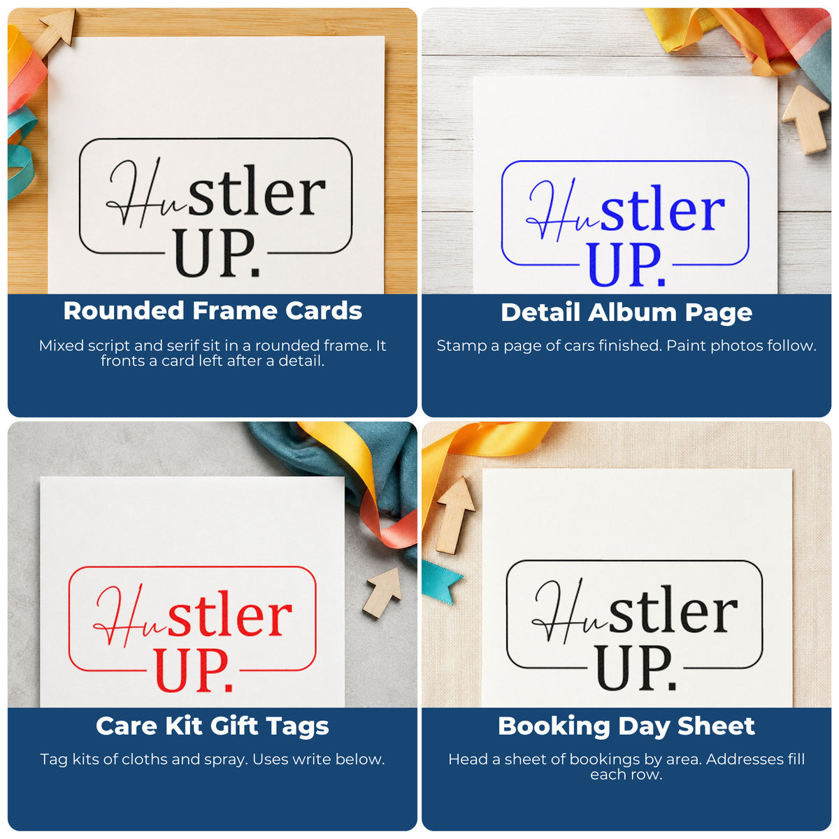 Four ways to use the Hustler Up Rounded Framed Lettering Stamp – Self-Inking: rounded frame cards, detail album page, care kit gift tags and booking day sheet.