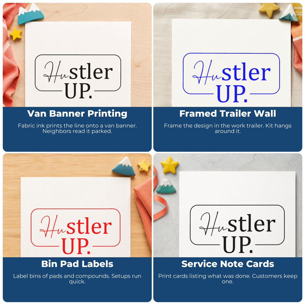 Four ways to use the PSI Pre-Inked Hustler Up Rounded Framed Lettering Stamp: van banner printing, framed trailer wall, bin pad labels and service note cards.