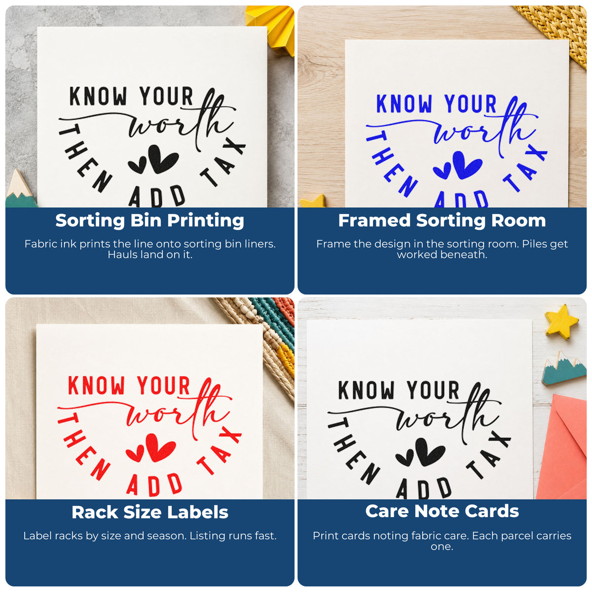 Four ways to use the Vintage Pro Know Your Worth Then Add Tax Premium Wooden Stamp: sorting bin printing, framed sorting room, rack size labels and care note cards.
