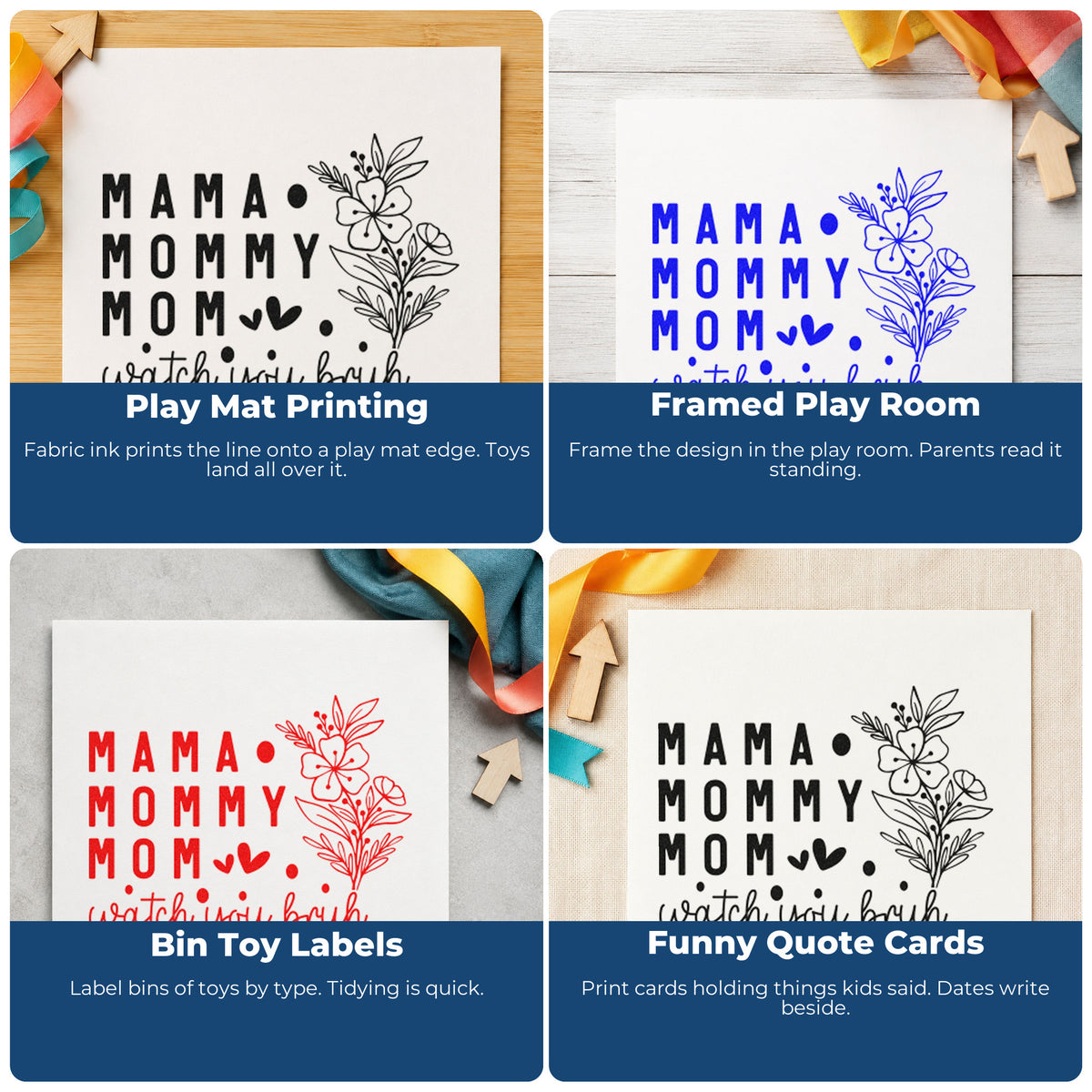 Four ways to use the Mama Mommy Mom Watch You Pre-Inked Stamp – PSI: play mat printing, framed play room, bin toy labels and funny quote cards.
