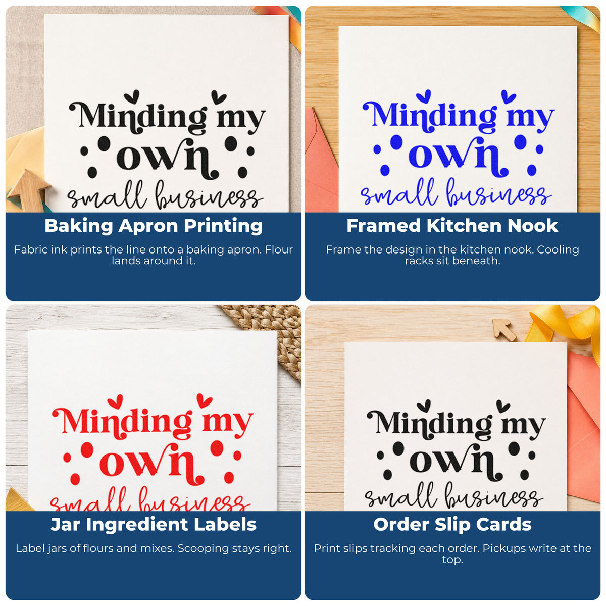 Four ways to use the Minding My Own Small Business With Hearts Stamp - Premium Vintage Pro Wooden: baking apron printing, framed kitchen nook, jar ingredient labels and order slip cards.