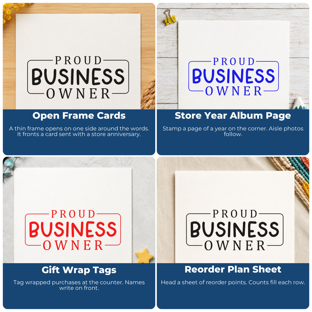 Four ways to use the Proud Business Owner Frame Premium Wood-Mounted Stamp - Vintage Pro: open frame cards, store year album page, gift wrap tags and reorder plan sheet.