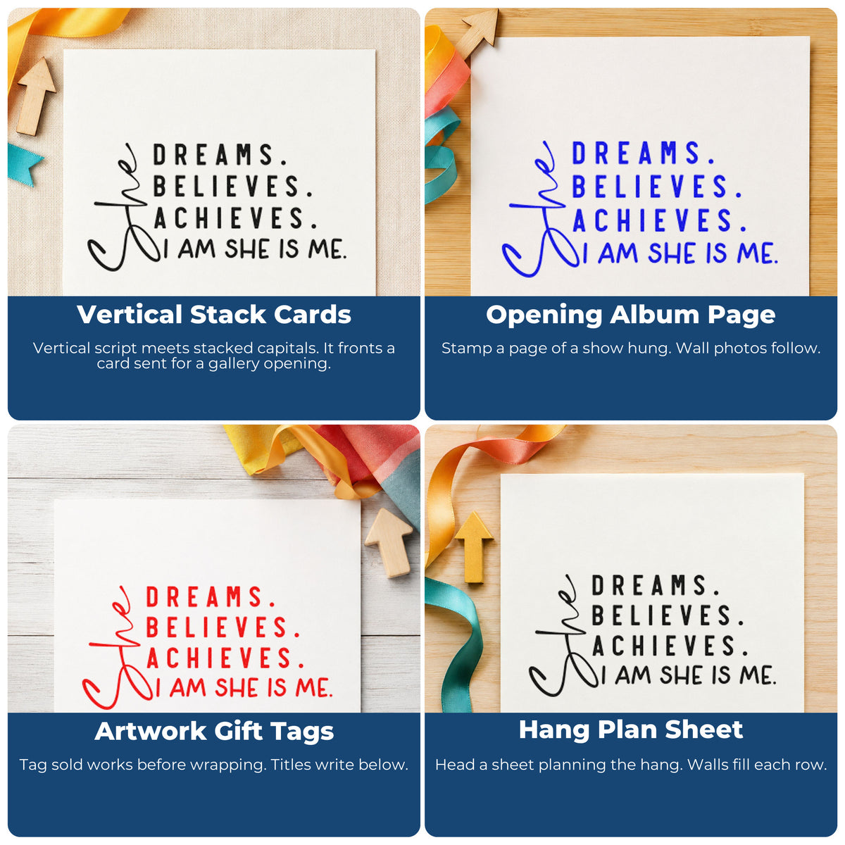 Four ways to use the Premium Wooden She Dreams Believes Achieves Stamp - Vintage Pro: vertical stack cards, opening album page, artwork gift tags and hang plan sheet.