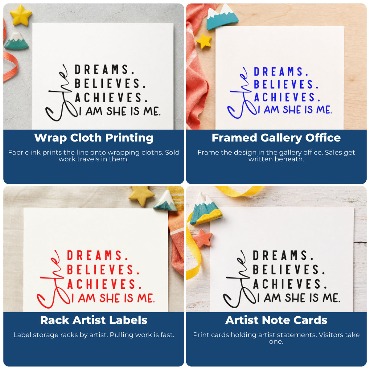 Four ways to use the Premium Wooden She Dreams Believes Achieves Stamp - Vintage Pro: wrap cloth printing, framed gallery office, rack artist labels and artist note cards.