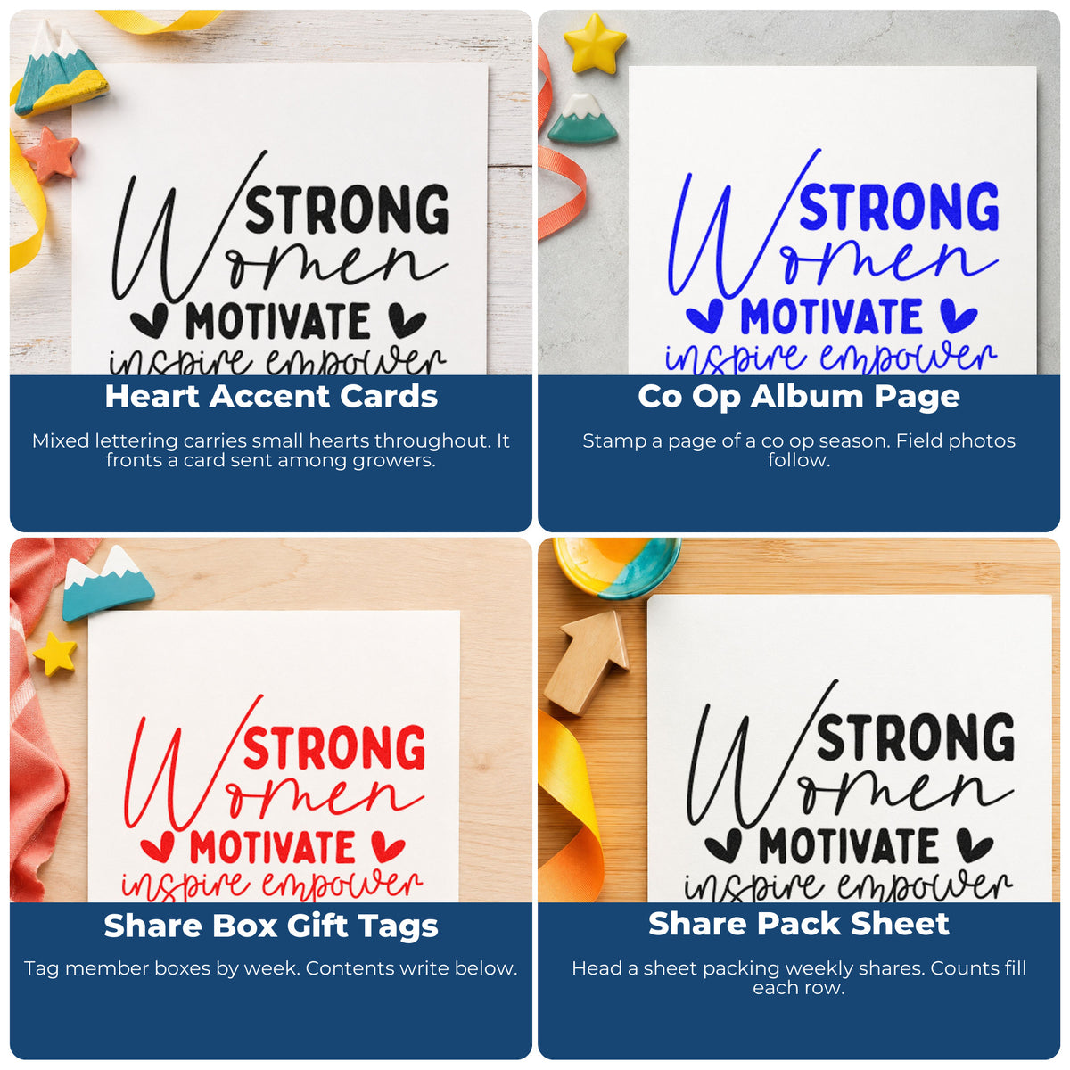 Four ways to use the Strong Women Motivate Inspire Empower Compact Pre-Inked Stamp – Slim: heart accent cards, co op album page, share box gift tags and share pack sheet.