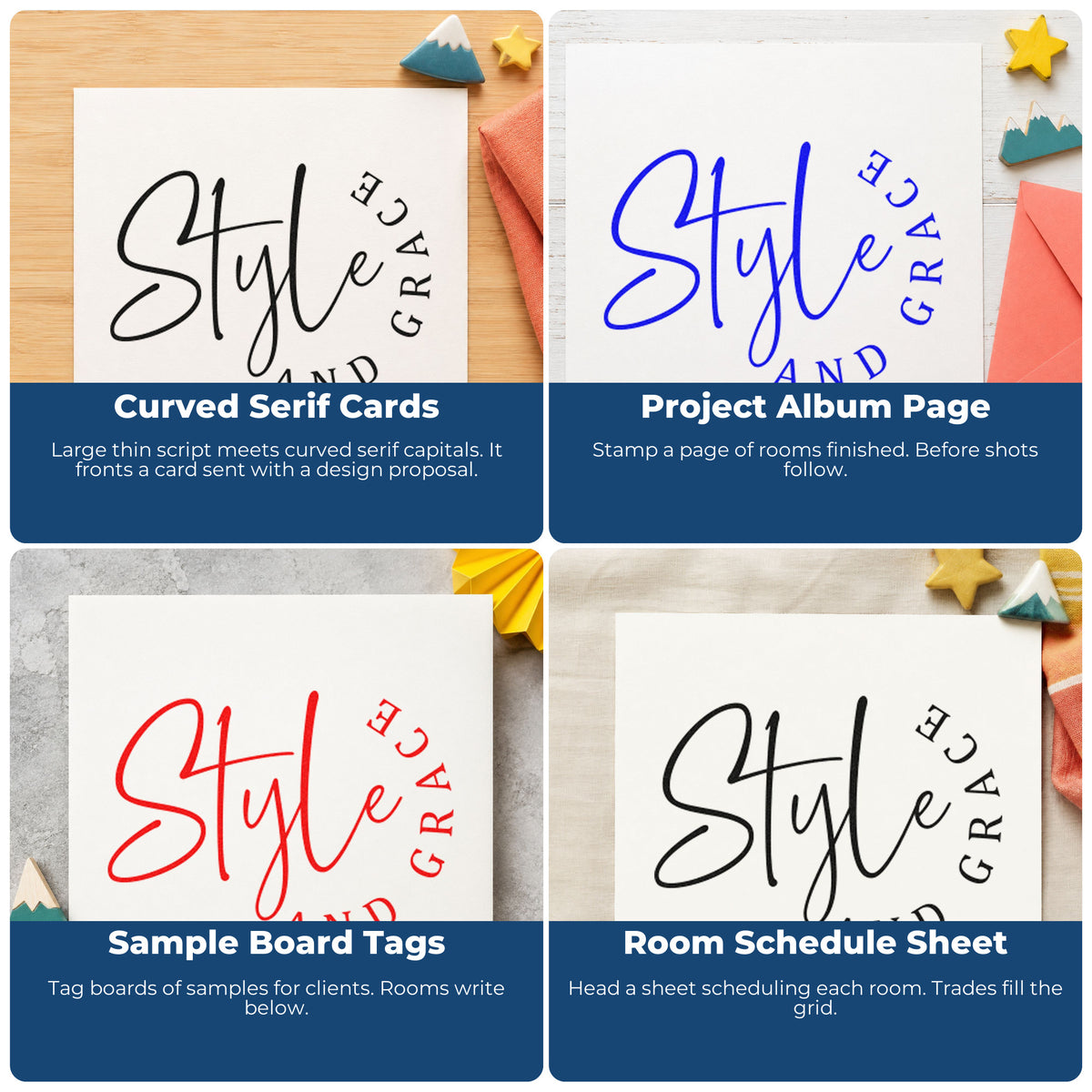 Four ways to use the Style And Grace Premium Wooden Stamp - Vintage Pro: curved serif cards, project album page, sample board tags and room schedule sheet.