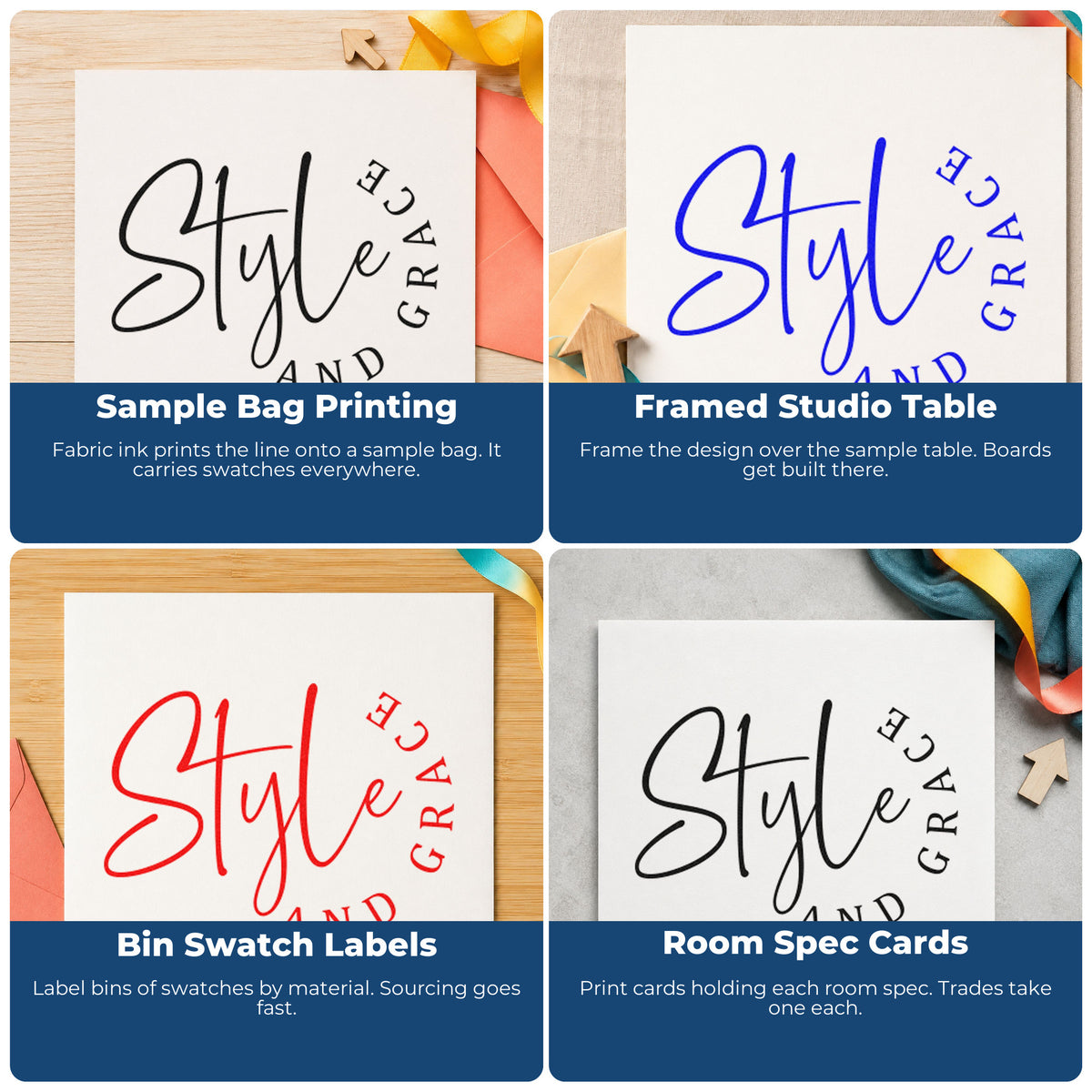 Four ways to use the Style And Grace Duo Hand Stamp: sample bag printing, framed studio table, bin swatch labels and room spec cards.