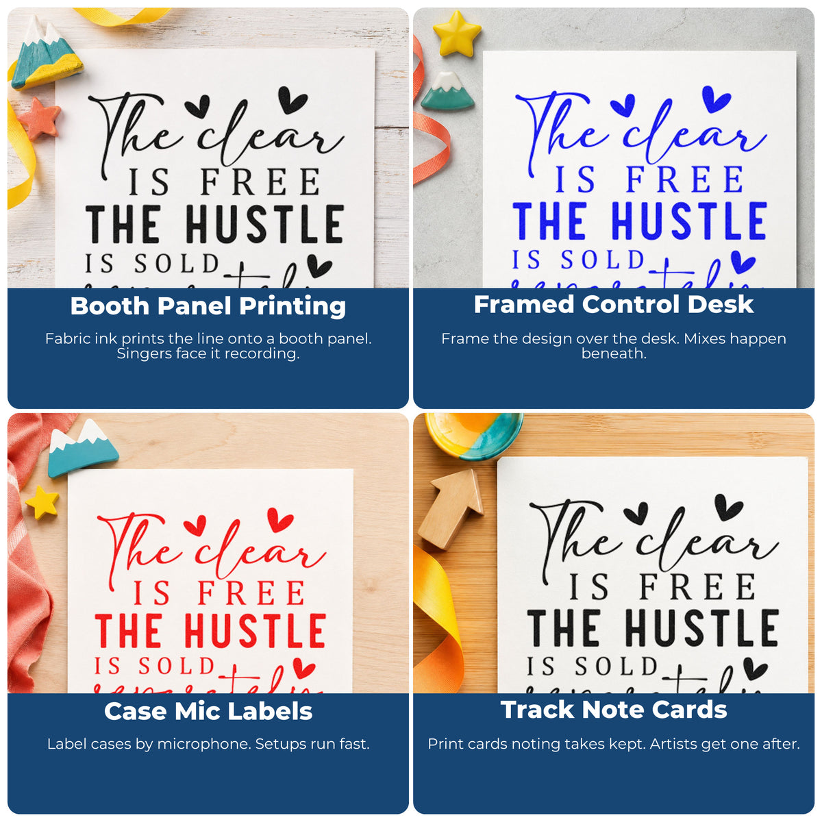 Four ways to use the Hustle Sold Separately Heart Word Art Self-Inking Stamp: booth panel printing, framed control desk, case mic labels and track note cards.