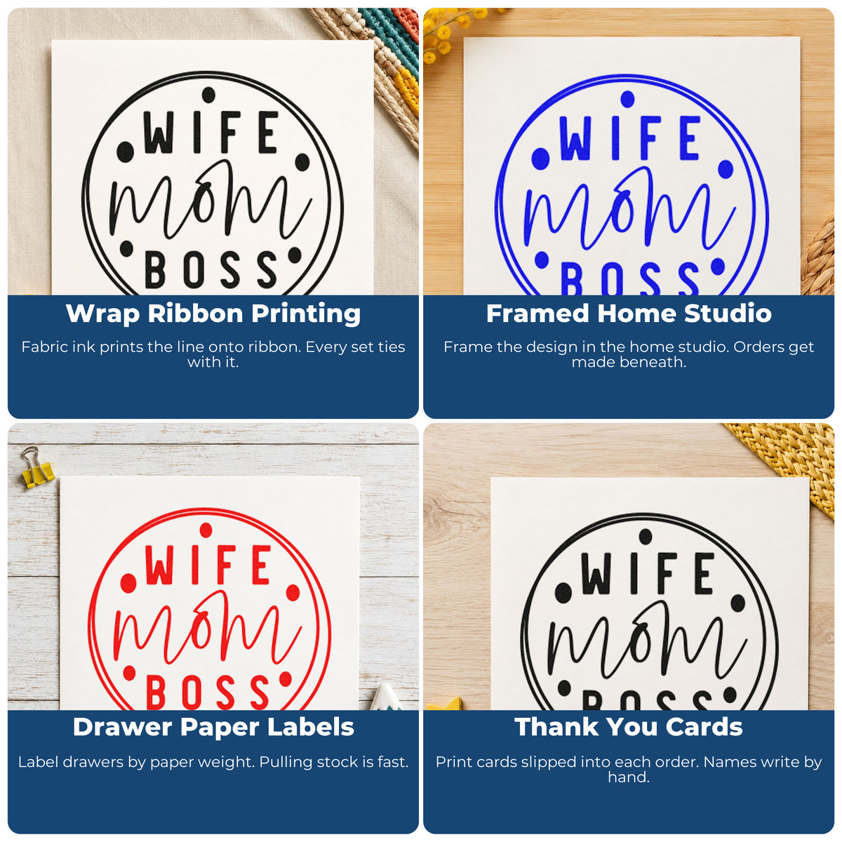 Four ways to use the Wife Mom Boss Rubber Stamp – Duo Hand: wrap ribbon printing, framed home studio, drawer paper labels and thank you cards.