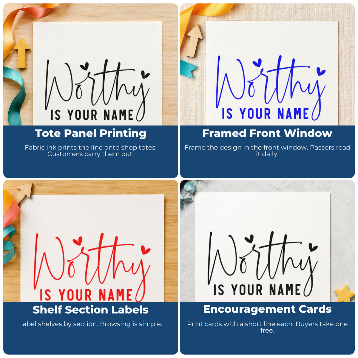 Four ways to use the Worthy Is Your Name Premium Wooden Stamp - Vintage Pro: tote panel printing, framed front window, shelf section labels and encouragement cards.