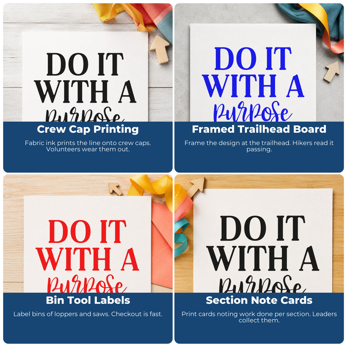 Four ways to use the Do It With A Purpose Serif Lettering PSI Pre-Inked Stamp: crew cap printing, framed trailhead board, bin tool labels and section note cards.