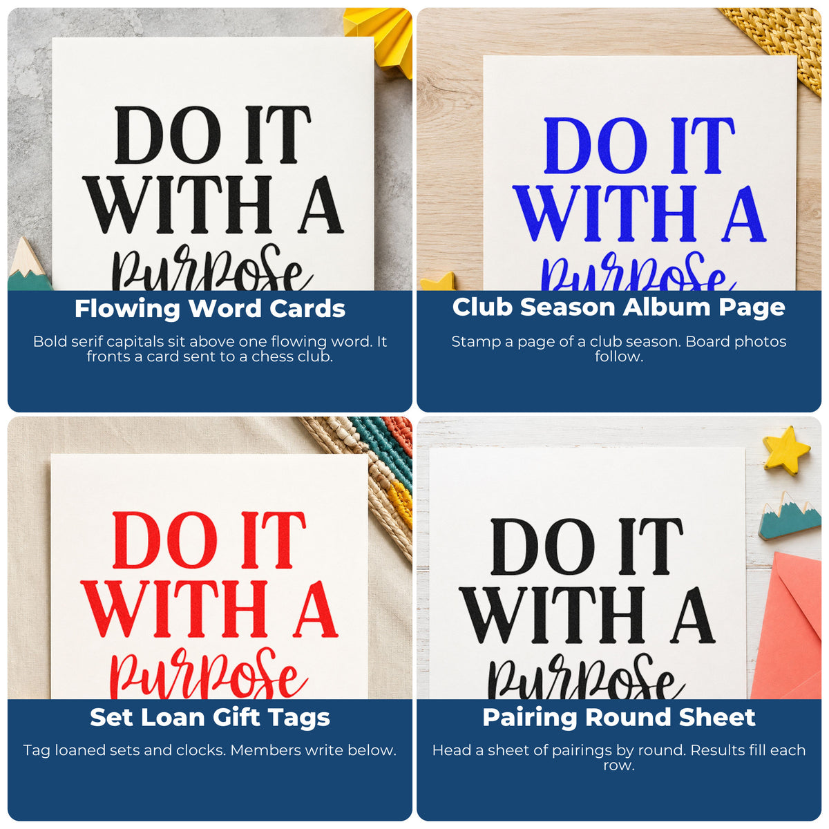Four ways to use the Do It With A Purpose Pre-Inked Stamp – PSI: flowing word cards, club season album page, set loan gift tags and pairing round sheet.