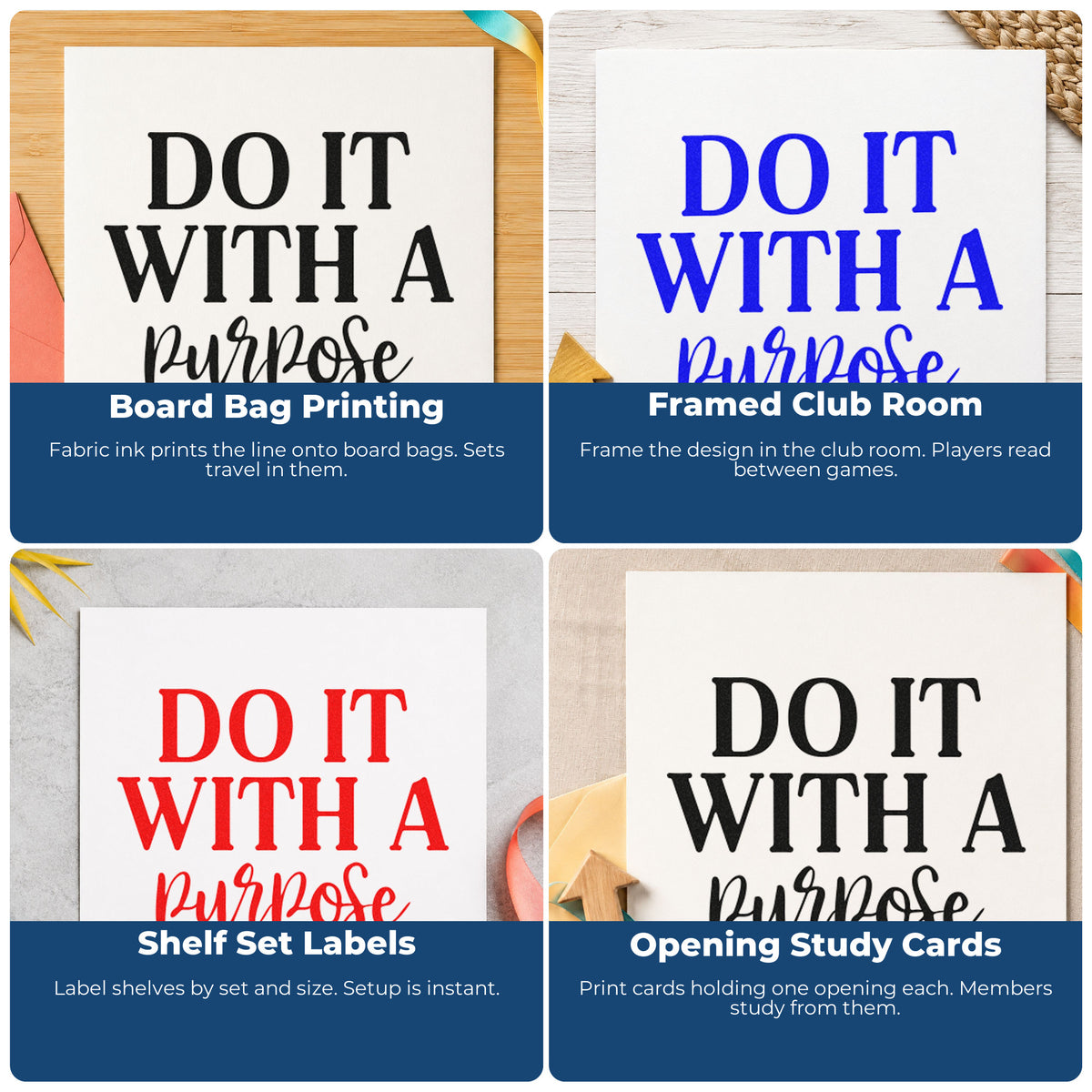 Four ways to use the Do It With A Purpose Pre-Inked Stamp – PSI: board bag printing, framed club room, shelf set labels and opening study cards.